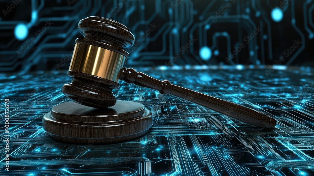 Wooden gavel on a sleek, futuristic technology backdrop, symbolizing law and order in the digital age Wooden gavel on a sleek, futuristic technology backdrop, symbolizing law and order in the digital age