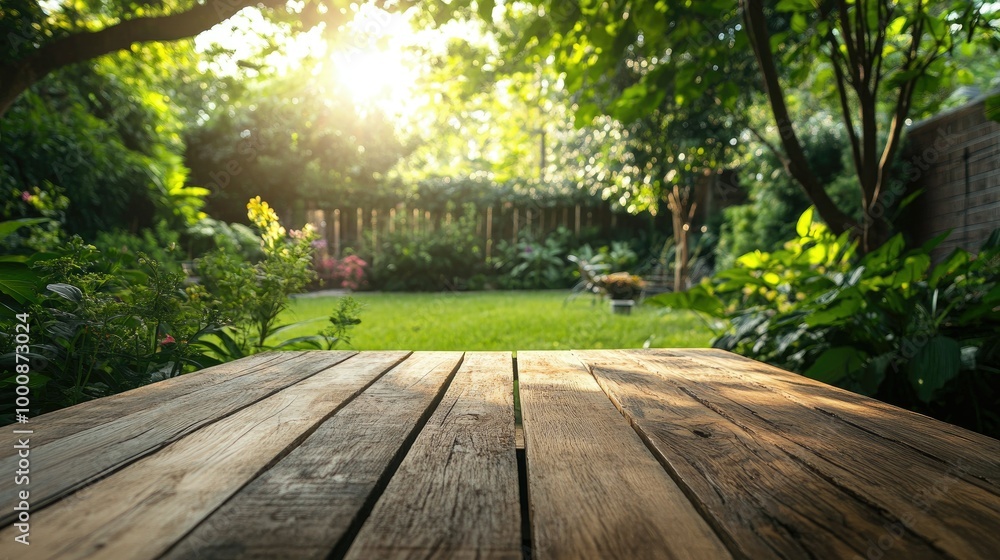 Wooden table under a canopy of green trees in a backyard garden, set for outdoor dining and parties Wooden table under a canopy of green trees in a backyard garden, set for outdoor dining and parties