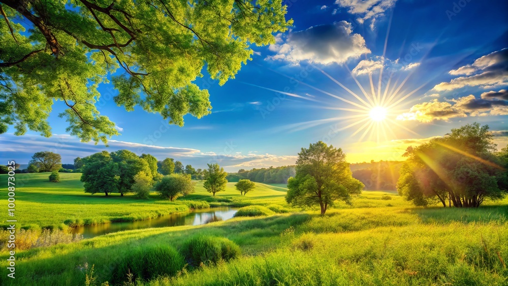 Obraz premium Golden sunshine cascades over a calm landscape, showcasing verdant foliage and an expansive azure sky, enveloping the