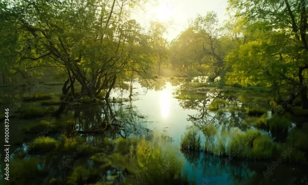 calm forest lake reflecting trees during sunrise. calm forest lake reflecting trees during sunrise.
