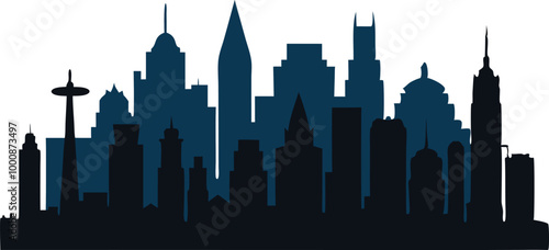 Blue city skyline silhouette representing modern architecture and urban life