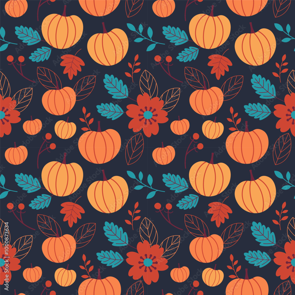 Autumnal seamless pattern with pumpkins, fall plants and flowers. Hand drawn vector repeating background for autumnal holiday, Thanksgiving Day, pumpkin harvest. Design element for wrapping, banner Autumnal seamless pattern with pumpkins, fall plants and flowers. Hand drawn vector repeating background for autumnal holiday, Thanksgiving Day, pumpkin harvest. Design element for wrapping, banner