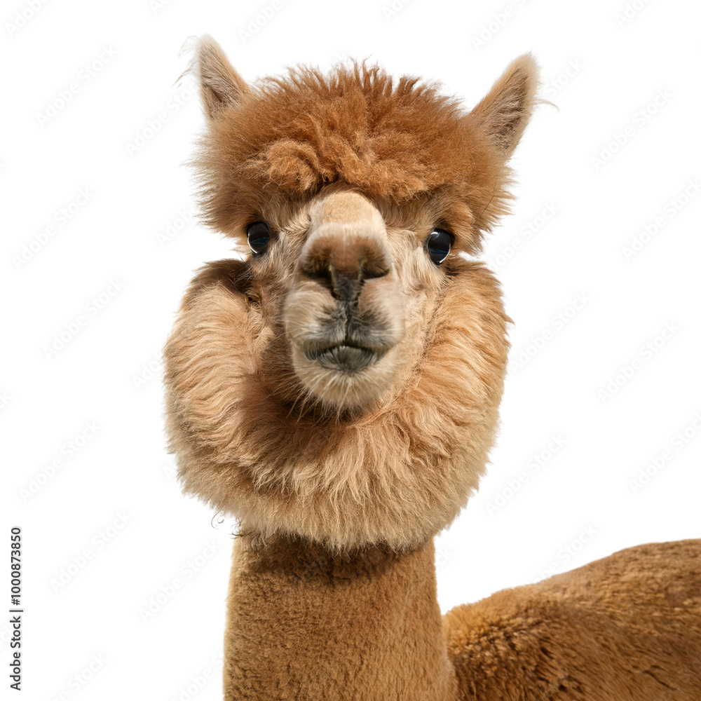 Fototapeta premium Cute alpaca portrait, white isolate background transparent