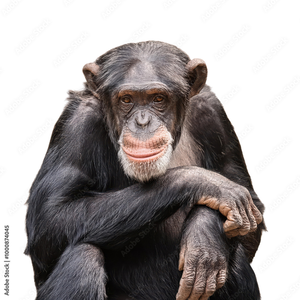 Chimpanzee sitting with thoughtful expression transparent Chimpanzee sitting with thoughtful expression transparent