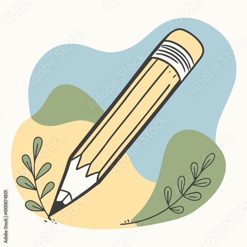 Drawing pencil surrounded by green leaves in an abstract colorful background