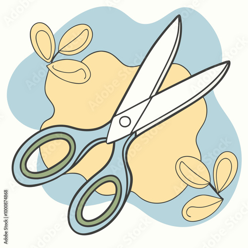 Illustration of a pair of scissors with a colorful background and decorative leaves 