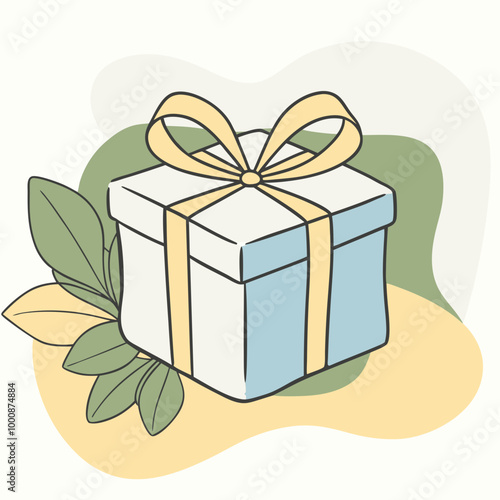 Stylized illustration of a gift box with a ribbon and leaves against a soft background