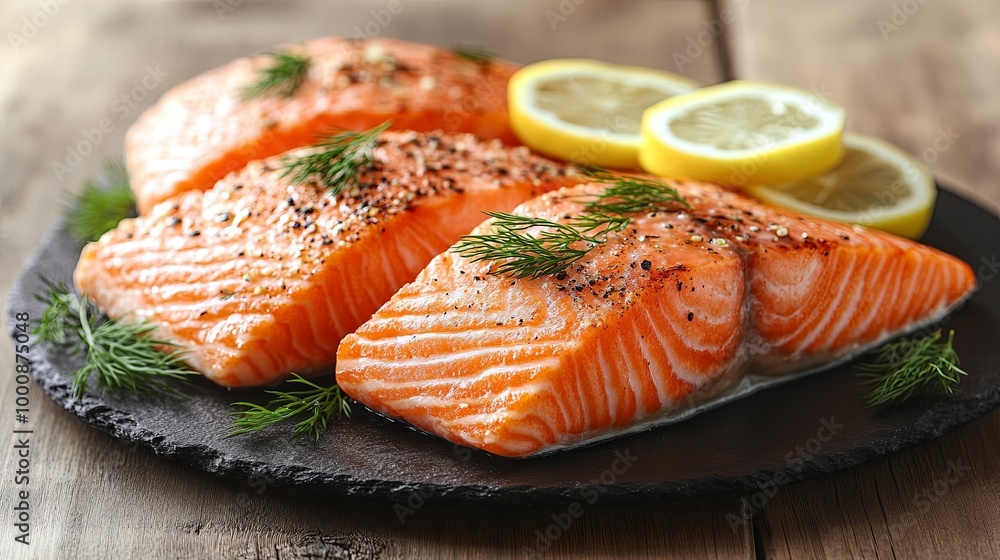 A close-up view of three succulent salmon fillets, skin-side down, seasoned with black pepper and garnished with fresh dill, presented on a black slate platter A close-up view of three succulent salmon fillets, skin-side down, seasoned with black pepper and garnished with fresh dill, presented on a black slate platter