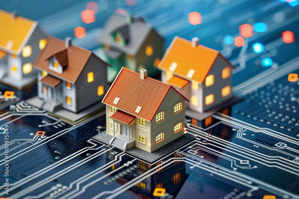 a conceptual integration of homes with digital technology, showcasing miniature houses placed on a circuit board, symbolizing the connection between smart homes and the internet of things (IoT) a conceptual integration of homes with digital technology, showcasing miniature houses placed on a circuit board, symbolizing the connection between smart homes and the internet of things (IoT)