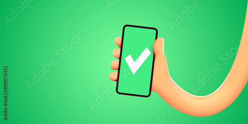 3d cute Hand holds smartphone and set a check mark on the screen. Vector illustration