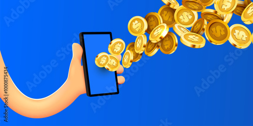 Online payments concept with cartoon 3D hand, phone and coin, Business and money. Online earnings. Vector illustration