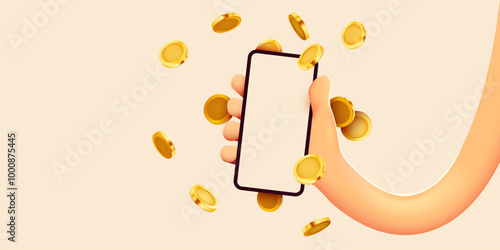 Online payments concept with cartoon 3D hand, phone and coin, Business and money. Online earnings. Vector illustration