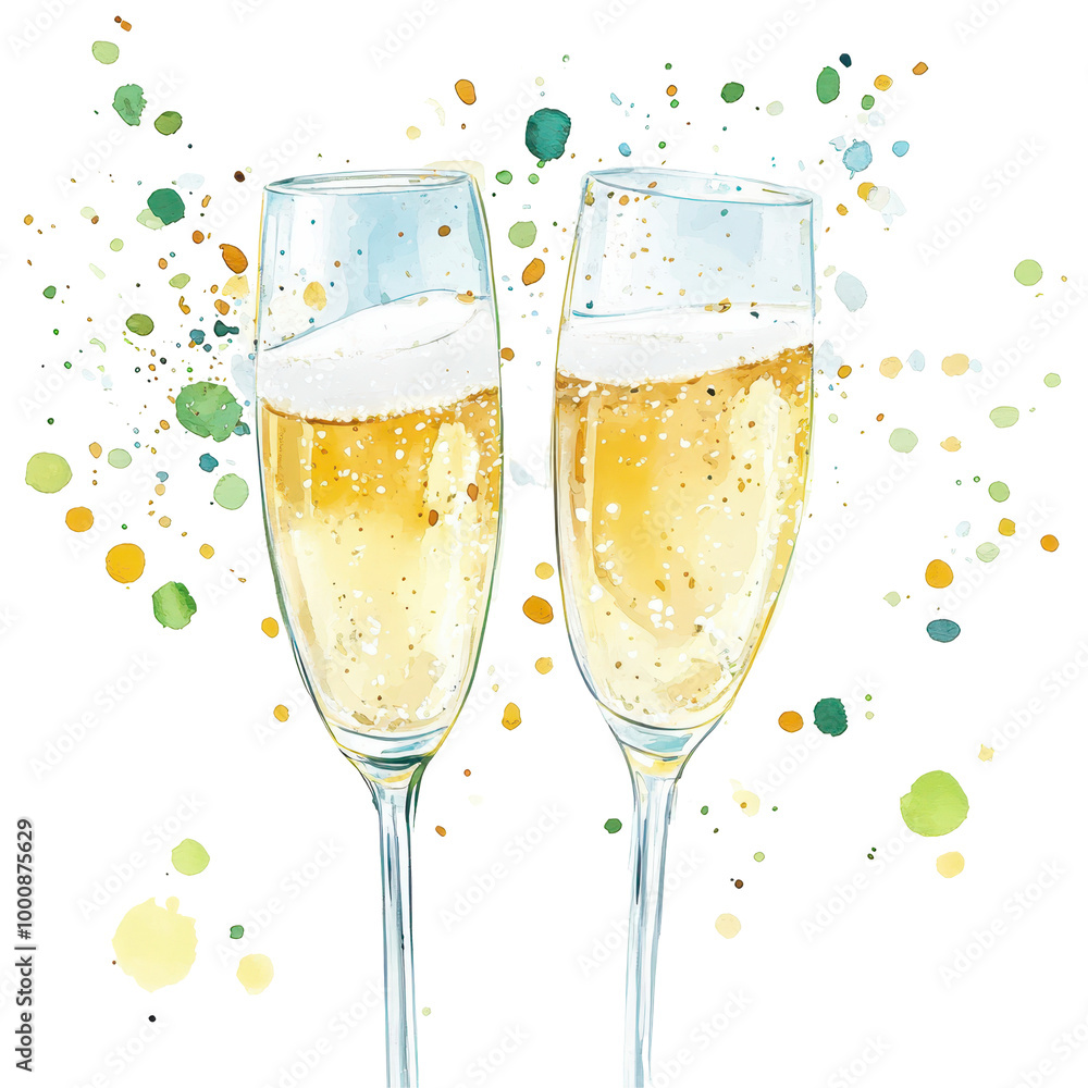 Two champagne glasses clinking together, with golden bubbles splashing, representing a celebratory toast, isolated on white. Two champagne glasses clinking together, with golden bubbles splashing, representing a celebratory toast, isolated on white.