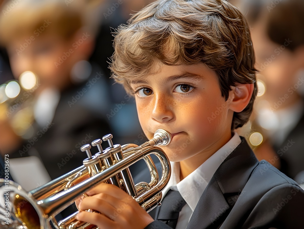 Obraz premium Focused Young Musician Plays Trumpet in School Band Performance
