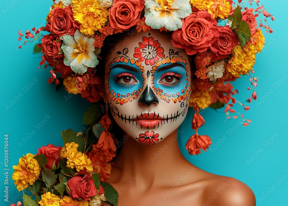 A vibrant portrait capturing a woman with sugar skull makeup, celebrating Dia De Los Muertos. Perfect for event promotions, cultural celebrations, and festive design. A vibrant portrait capturing a woman with sugar skull makeup, celebrating Dia De Los Muertos. Perfect for event promotions, cultural celebrations, and festive design.