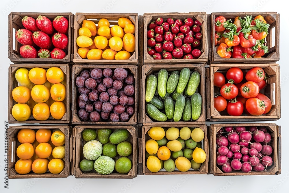 Aerial shot of white background with boxes containing different fruits. Generative Ai Aerial shot of white background with boxes containing different fruits. Generative Ai