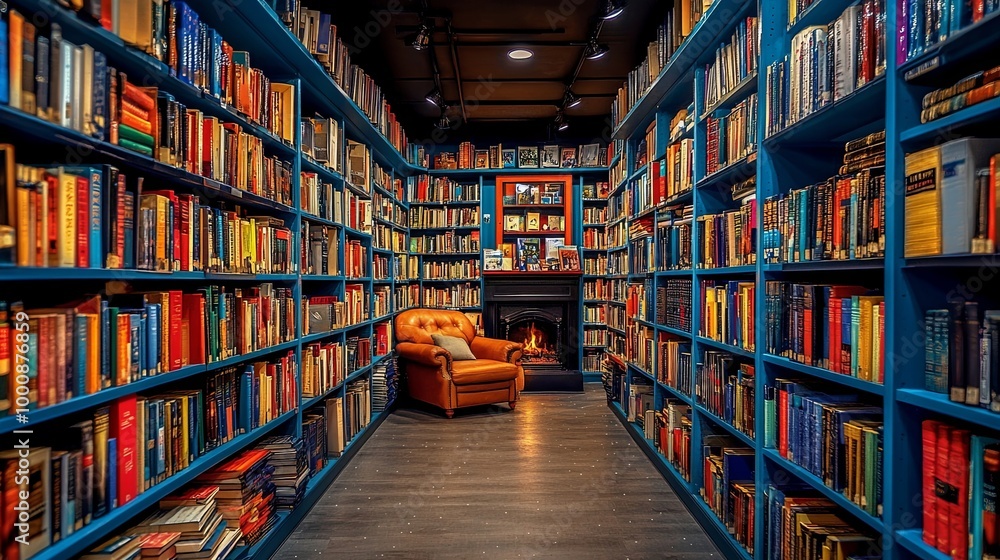 A Cozy Nook Filled with Books and a Warm Fireplace in a Library with Blue Shelves A Cozy Nook Filled with Books and a Warm Fireplace in a Library with Blue Shelves