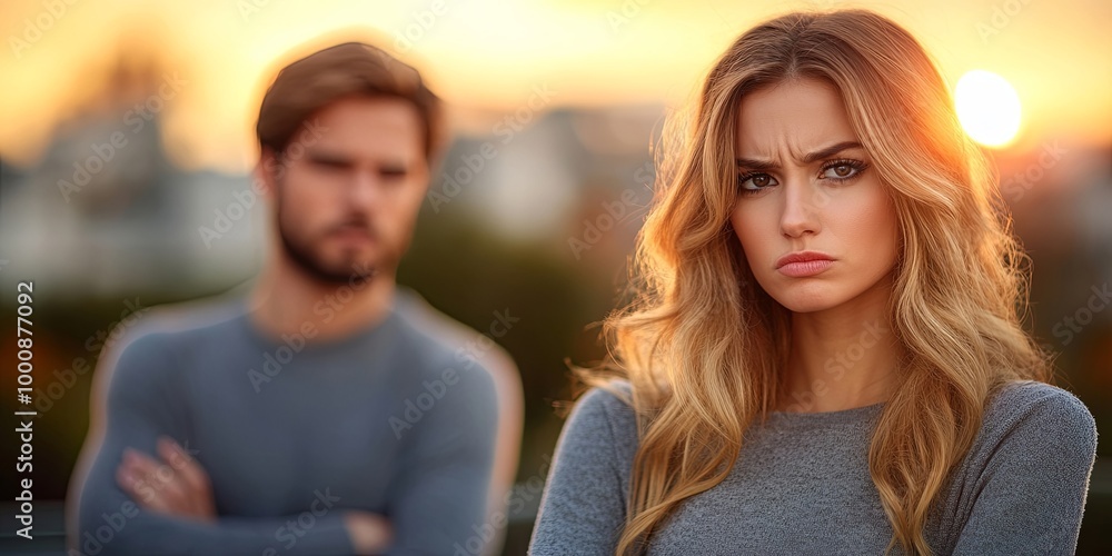 A woman stands in the foreground, a man in the background, his arms crossed as she stares ahead with a look of disappointment and hurt, the setting sun casting an orange glow on the scene. A woman stands in the foreground, a man in the background, his arms crossed as she stares ahead with a look of disappointment and hurt, the setting sun casting an orange glow on the scene.