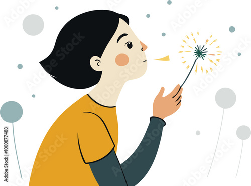 Young girl blowing dandelion seeds in the wind symbolizing hope and new dreams