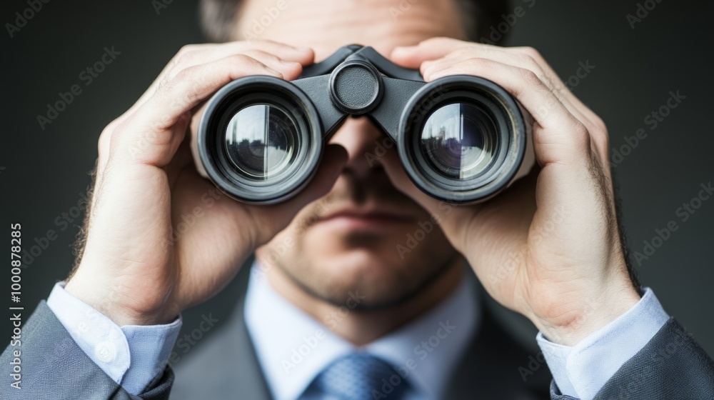 Businessman looking through binoculars seeking opportunity Businessman looking through binoculars seeking opportunity