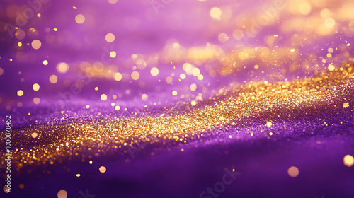 Abstract background with purple and gold glitter with bokeh effect.