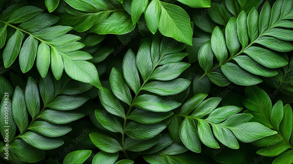 Naklejka premium A close-up image of lush green leaves arranged in a symmetrical pattern, showcasing the intricate details of their veins and texture, creating a sense of natural beauty and serenity.