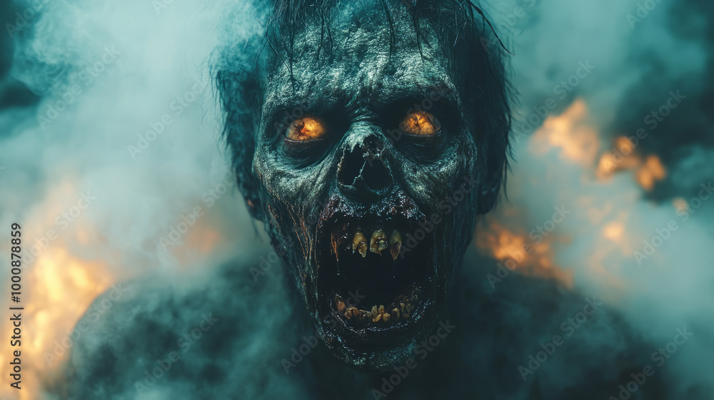 A hungry zombie with crazy eyes tries to approach its victim through the fog A hungry zombie with crazy eyes tries to approach its victim through the fog