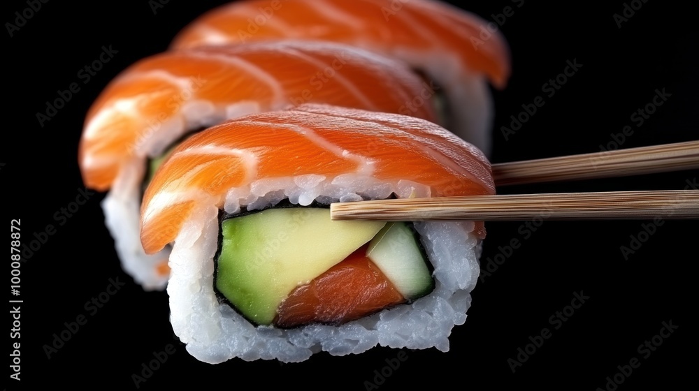 Fresh salmon sushi roll on dark background Fresh salmon sushi roll on dark background