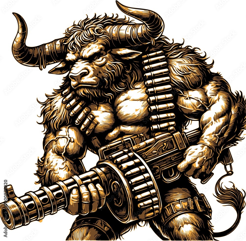 Fototapeta premium buffalo machine gun you in engraving style Print for T-shirt 