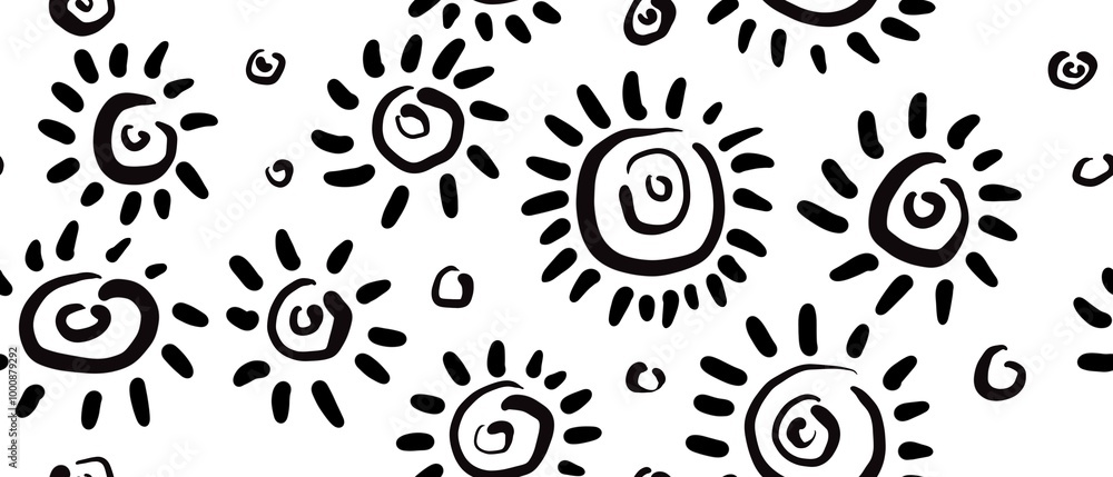 Fototapeta premium Seamless abstract geometric pattern. Black ethnic elements on white background. Meanders, suns. Design for textile fabrics, wrapping paper, background, wallpaper, cover.
