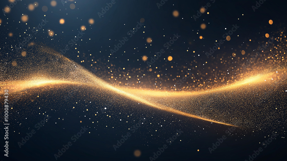 Obraz premium Gold glittering confetti wave and stardust. Backdrop with golden magical sparkles on dark background.
