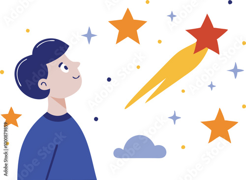 Boy looking at a shooting star with amazement, symbolizing dreams and wonder in vector illustration