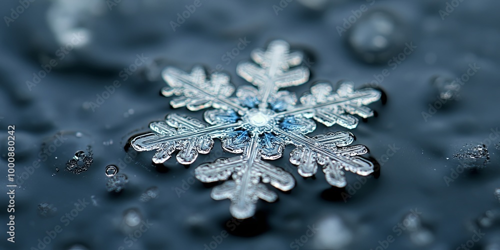 Fototapeta premium A Single Snowflake Resting on a Surface of Water, Captured in Exquisite Detail, with a Delicate Reflection and a Blurred Background