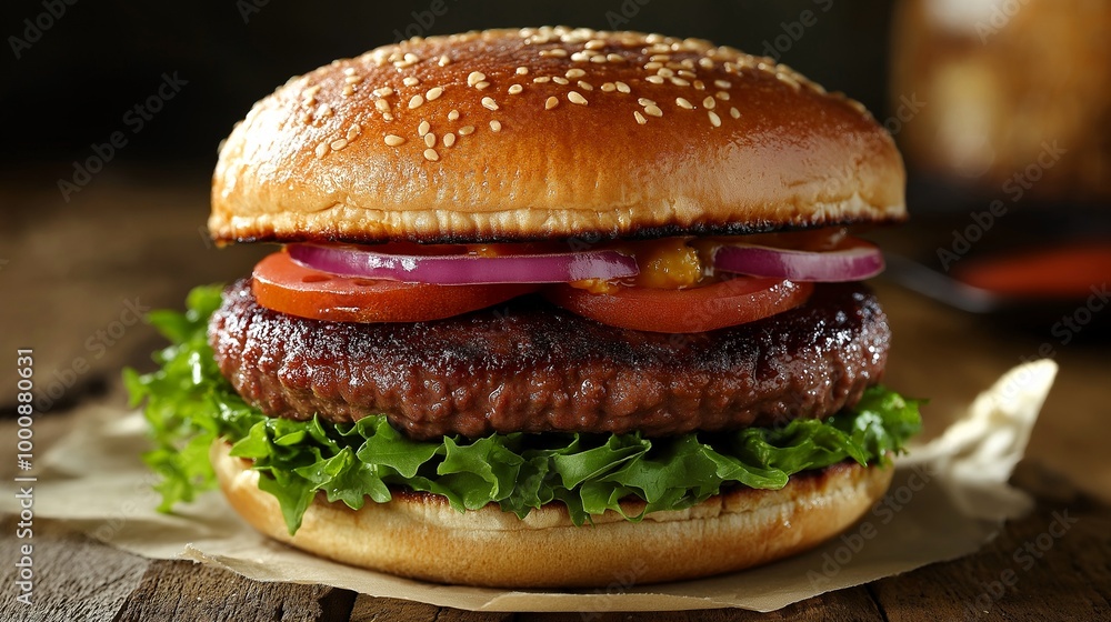 Juicy Beef Burger. A mouthwatering close-up of a classic beef burger, perfectly grilled and topped with fresh lettuce, juicy tomato, and red onion. Generative ai illustration. Juicy Beef Burger. A mouthwatering close-up of a classic beef burger, perfectly grilled and topped with fresh lettuce, juicy tomato, and red onion. Generative ai illustration.