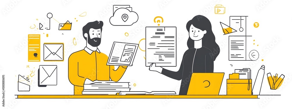 A man and woman, pointing at each other with papers in their hands, working on laptops, simple line art, doodle style A man and woman, pointing at each other with papers in their hands, working on laptops, simple line art, doodle style
