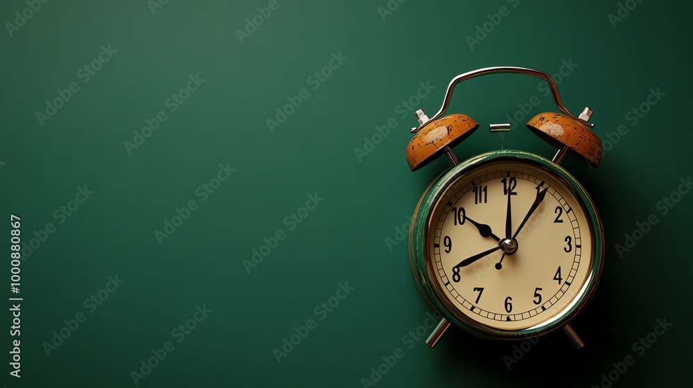 An old green alarm clock sitting on a green background. An old green alarm clock sitting on a green background.