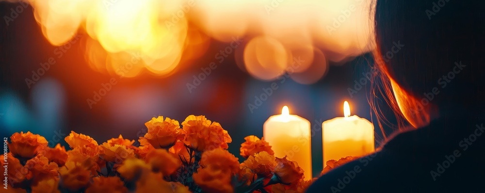 Person meditating with candles and flowers at sunset, warm and serene atmosphere. Person meditating with candles and flowers at sunset, warm and serene atmosphere.