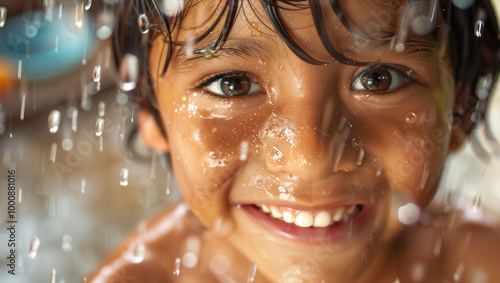 Close-up of a Hispanic Child's Face, Raindrops Tracing Their Dimpled Smile, Capturing Warmth and Vitality photo