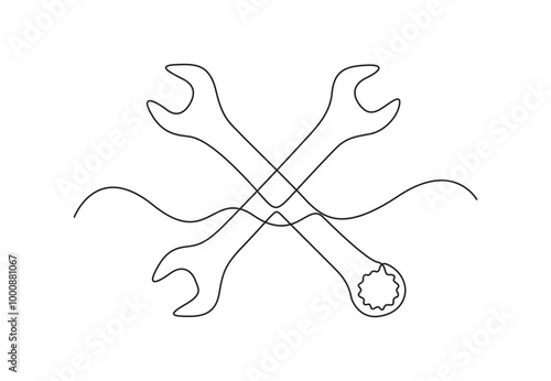 Adjustable wrench and hammer continuous one line drawing vector illustration