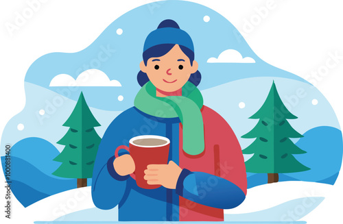 Man wearing winter clothes, holding a hot drink outdoors in the snow, enjoying the cold weather