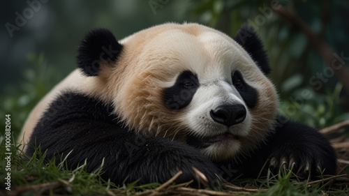 sleeping panda over a blurry background