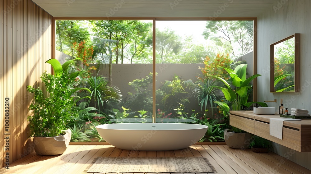 Luxurious Hotel Bathroom with Panoramic Window and Lush Plants Luxurious Hotel Bathroom with Panoramic Window and Lush Plants