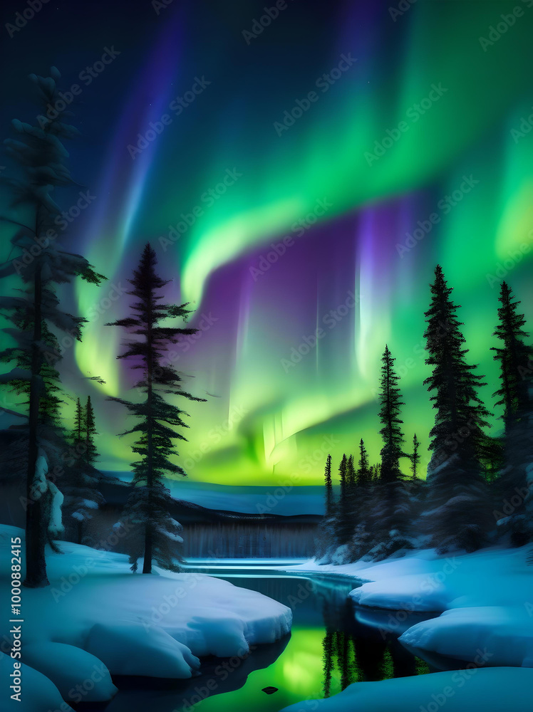 Fototapeta premium Snowy Creek with trees and Northern Lights 