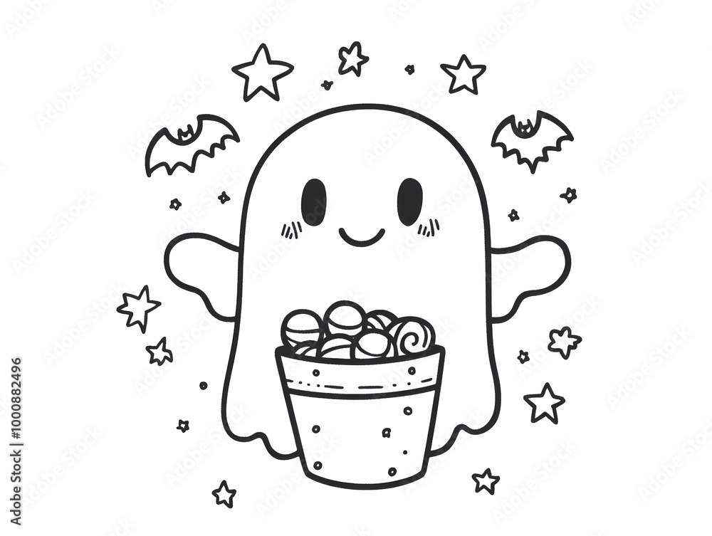 cute halloween ghost and bat with Candy bucket,celebrating halloween, perfect for a children's coloring book cute halloween ghost and bat with Candy bucket,celebrating halloween, perfect for a children's coloring book