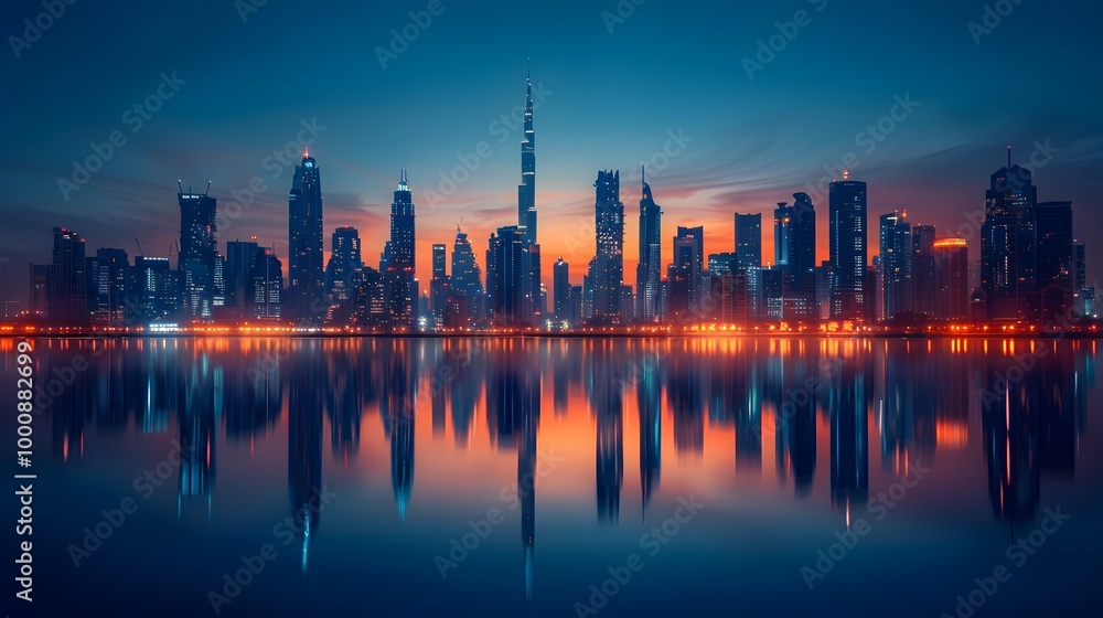 Fototapeta premium Mesmerizing Nighttime Skyline of Illuminated Skyscrapers Reflecting in Dubai s Marina