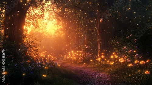 A magical forest path with glowing lights illuminating the trees and flowers.