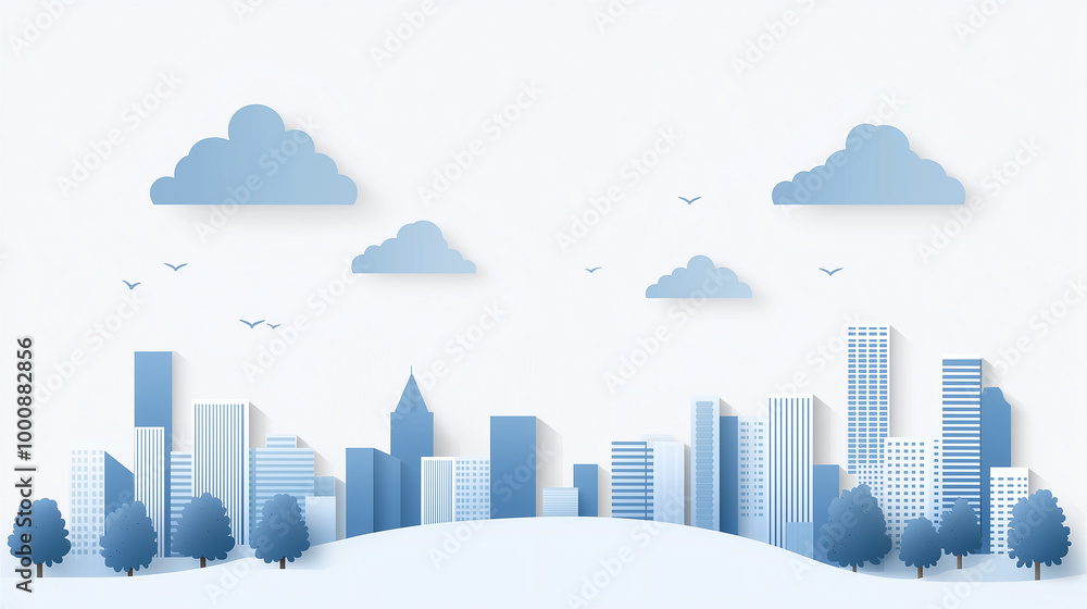 Monochrome urban landscape with clouds in the sky. Blue city buildings with trees. Modern architectural flat style vector illustration. Vector cityscape background. Monochrome urban landscape with clouds in the sky. Blue city buildings with trees. Modern architectural flat style vector illustration. Vector cityscape background.