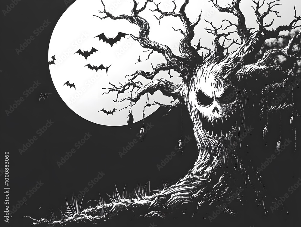 Spooky Halloween tree silhouetted against a night sky with bats flying around, featuring elements of nature and tribal art in a cartoon style Spooky Halloween tree silhouetted against a night sky with bats flying around, featuring elements of nature and tribal art in a cartoon style