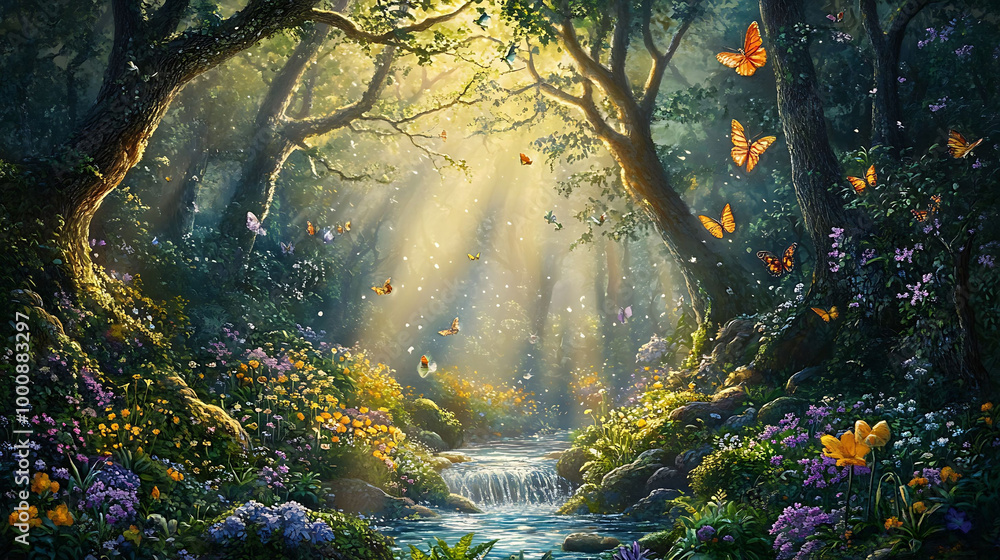 A magical forest clearing with a stream, sunlight shining through the trees, and butterflies flying. A magical forest clearing with a stream, sunlight shining through the trees, and butterflies flying.