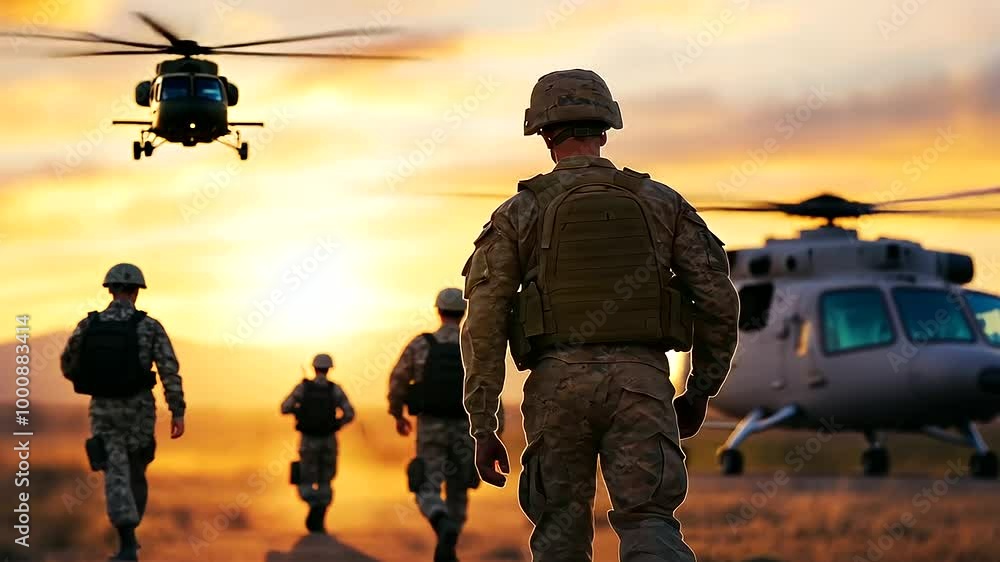 Squadron of soldiers moving through rugged terrain at dawn In the early morning light, a group of soldiers moves in formation across a rugged field, silhouetted against the rising Squadron of soldiers moving through rugged terrain at dawn In the early morning light, a group of soldiers moves in formation across a rugged field, silhouetted against the rising